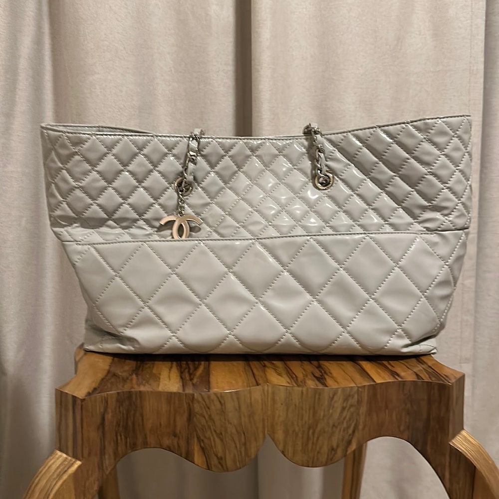 Chanel Shopping Tote Grey Quilted Patent Leather